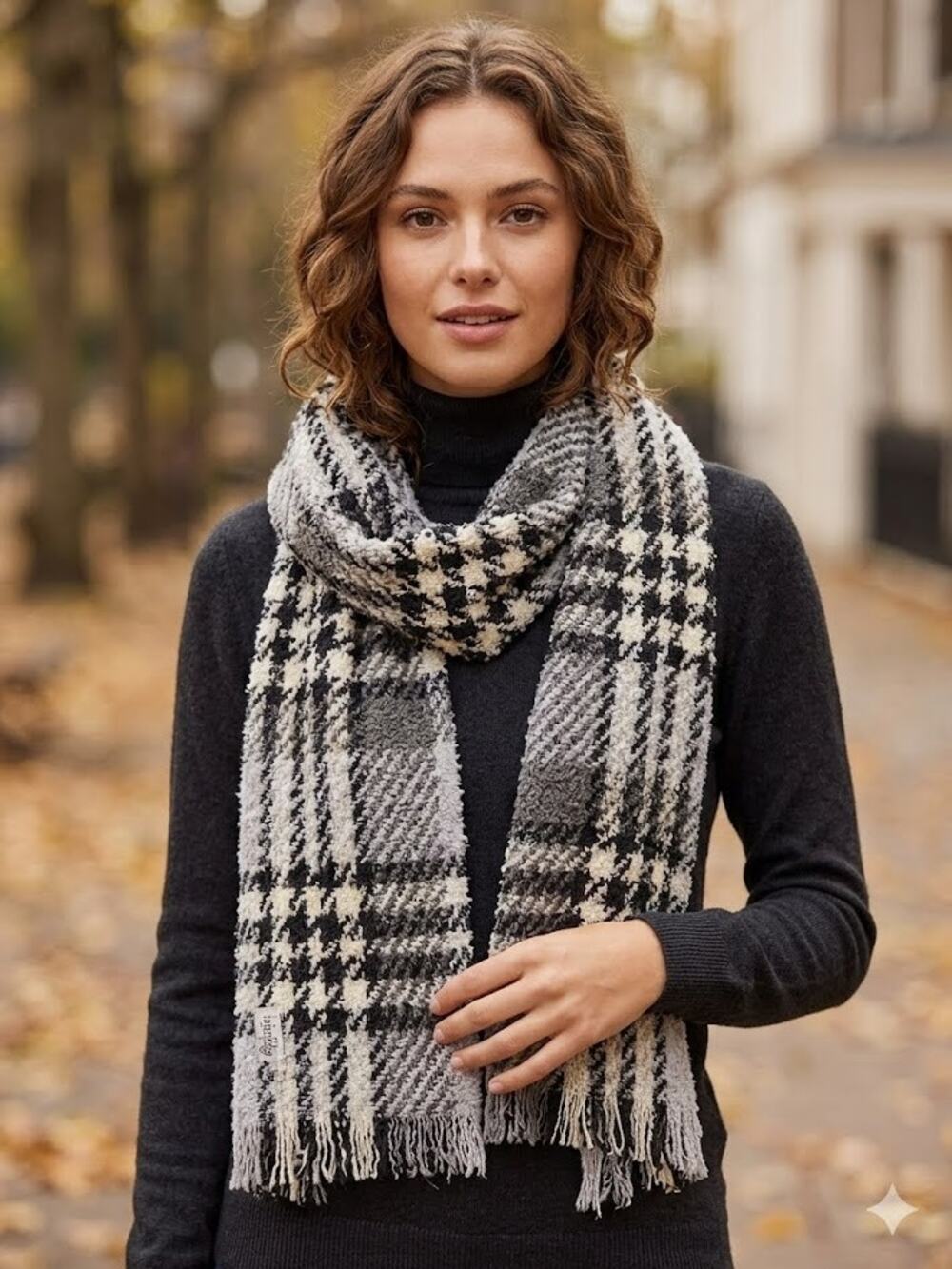 Preston & York Plaid Heritage Scarf Fringe Houndstooth Black Cream Wrap